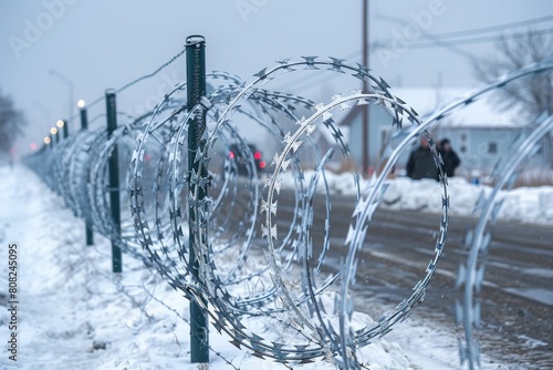Cold, bleak image of barbed wire coils atop a fence against a snowy backdrop, suggesting confinement photo