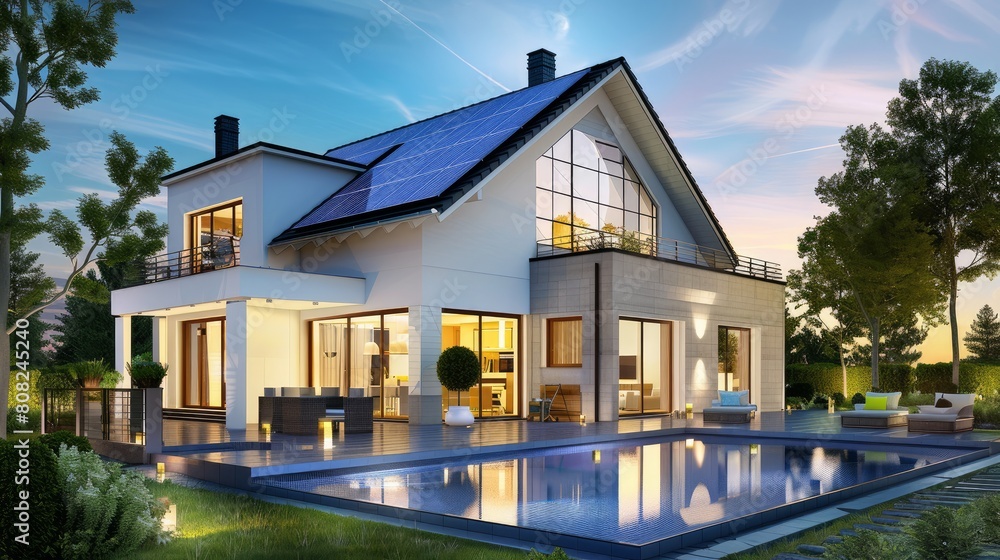 Modern house with solar panels. Night view of a beautiful white house with solar panels.