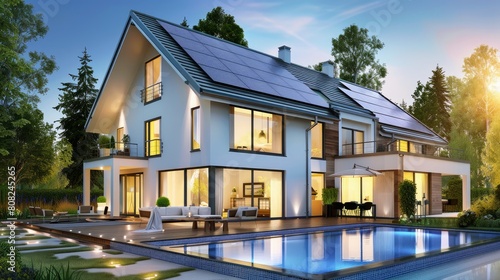 Modern house with solar panels. Night view of a beautiful white house with solar panels.