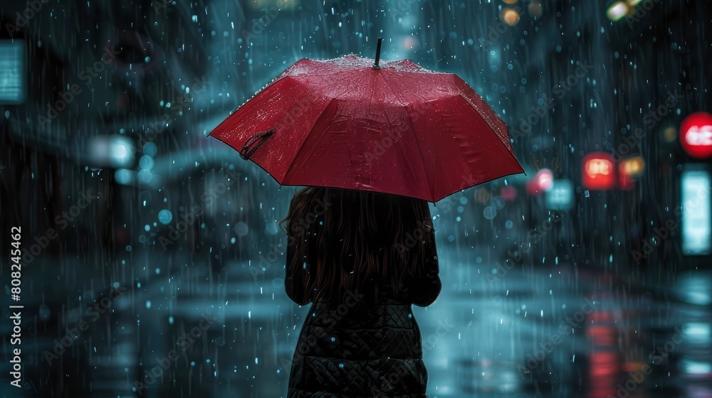 a girl holding a red umbrella and standing in rain on an empty street