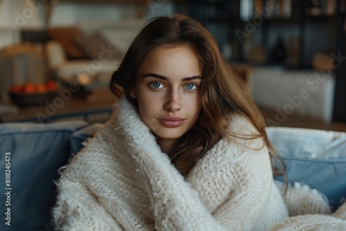 Young woman covered with blanket and sitting on couch