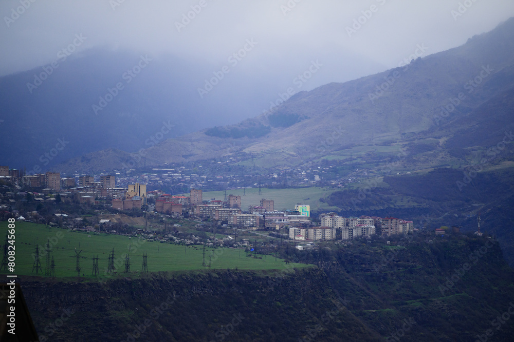 Alaverdi town and Sanahin village in foggy weather, Armenia