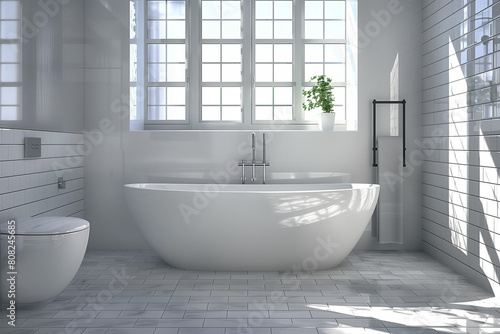 Modern bathroom interior with gray walls  white tiles and wood accents. There is an elegant bathtub on the left side of wall  double sink in front of it and toilet bowl near by. A large window brings 