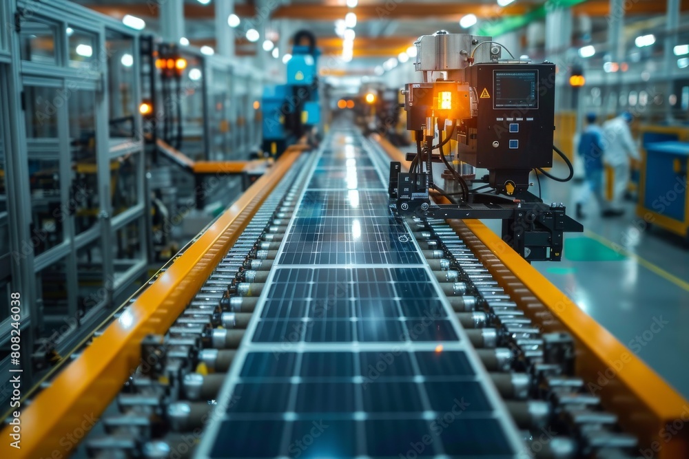 Precision machinery and automated robotic arms assembling solar panels in an industrial setting for renewable energy Precision machinery and automated robotic arms assembling solar panels in an industrial setting for renewable energy