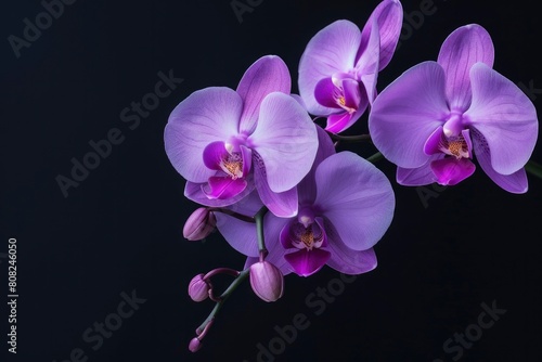 closeup of purple Phalaenopsis orchid flowers on black background