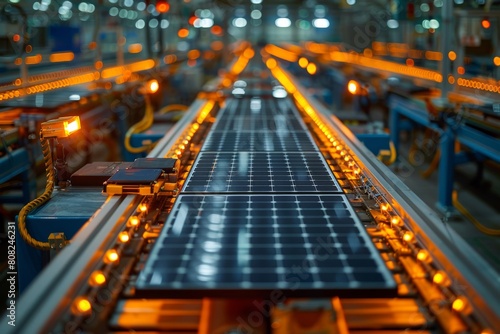 Automated machinery meticulously assembles solar panels in a well-lit factory setting emphasizing clean energy technology