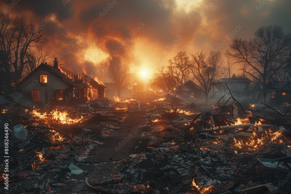 The sun rises behind a devastating scene of burnt homes and debris, evidencing the aftermath of a fire The sun rises behind a devastating scene of burnt homes and debris, evidencing the aftermath of a fire