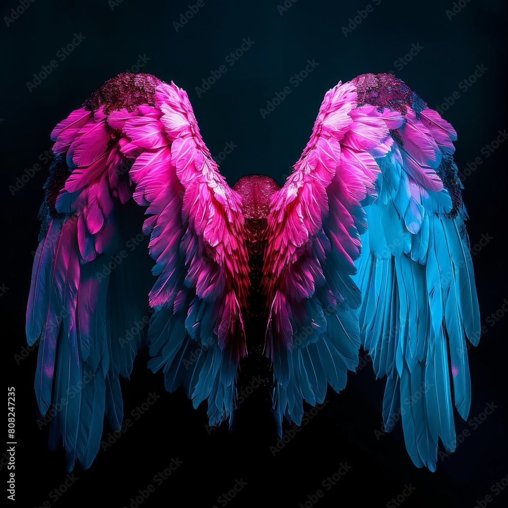 Fototapeta premium Neon angel wings have dark background for a photoshoot, neon angel wings illuminated by pink and blue lights concept, AI generated