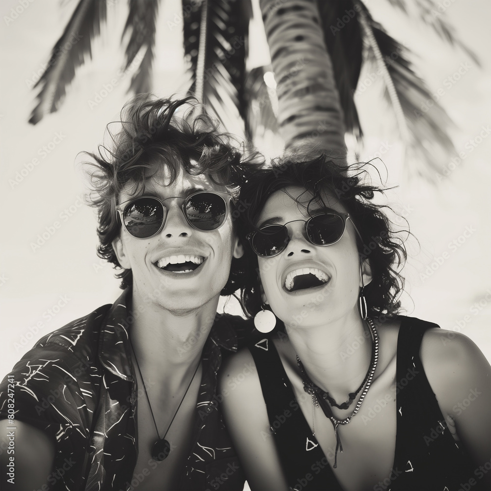 Fototapeta premium Black and white photo of a young couple in love sitting under a palm tree during outdoor vacation walk, smiling, and taking selfies on Polaroid camera. Endless vintage old film photography style image