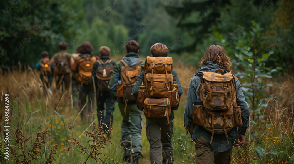 Group of People Walking Through Field With Backpacks