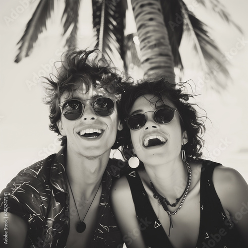 Black and white photo of a young couple in love sitting under a palm tree during outdoor vacation walk, smiling, and taking selfies on Polaroid camera. Endless vintage old film photography style image