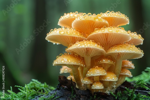 Stunning image of vibrant orange mushrooms with water droplets on a backdrop of forest greenery, conveying freshness and dewiness photo