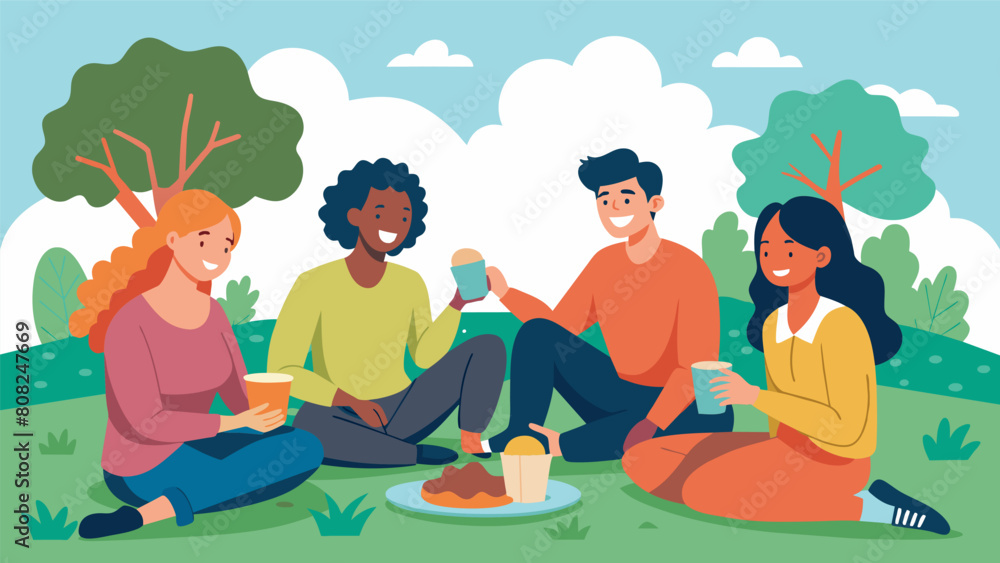 A group of friends laughing and having a picnic on a beautiful lawn during a break from their personal growth retreat activities.. A group of friends laughing and having a picnic on a beautiful lawn during a break from their personal growth retreat activities..