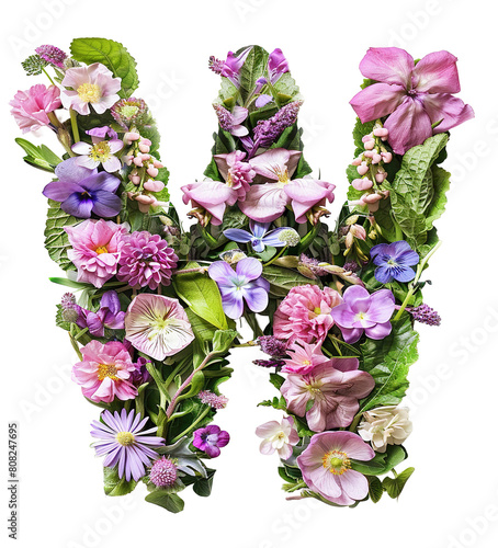 Flower font alphabet W made of colorful floral letter isolated on white background. Spring or summer flower font.