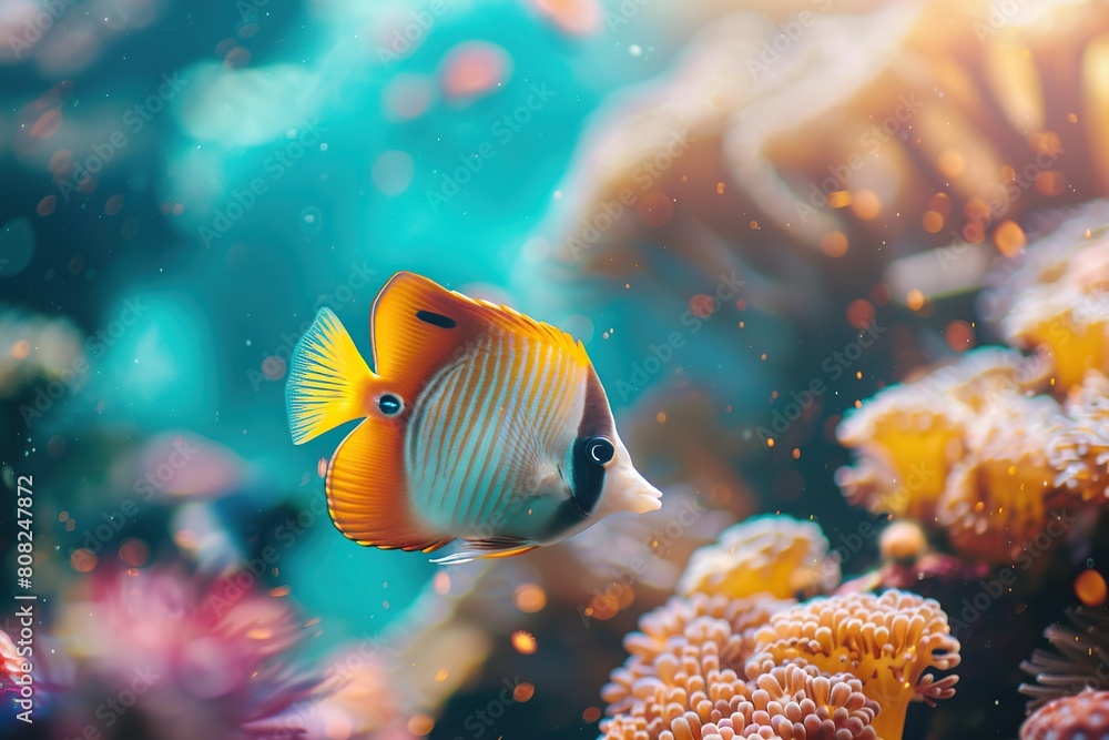 Butterflyfish in aquarium with blue water and corals Butterflyfish in aquarium with blue water and corals