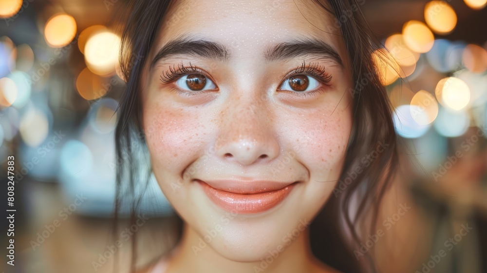 A young woman's face, sharply focused Background softly blurred Lights faintly glowing, creating bokeh effect A young woman's face, sharply focused Background softly blurred Lights faintly glowing, creating bokeh effect