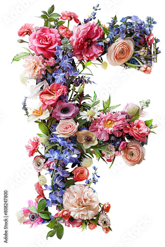 Flower font alphabet F made of colorful floral letter isolated on white background. Spring or summer flower font.