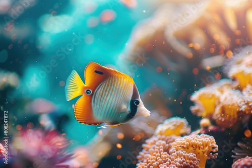Butterflyfish in aquarium with blue water and corals photo