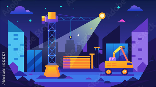 The construction site is a spectacle to behold at night with vivid spotlights illuminating various areas and bringing the entire project to life.. Vector illustration