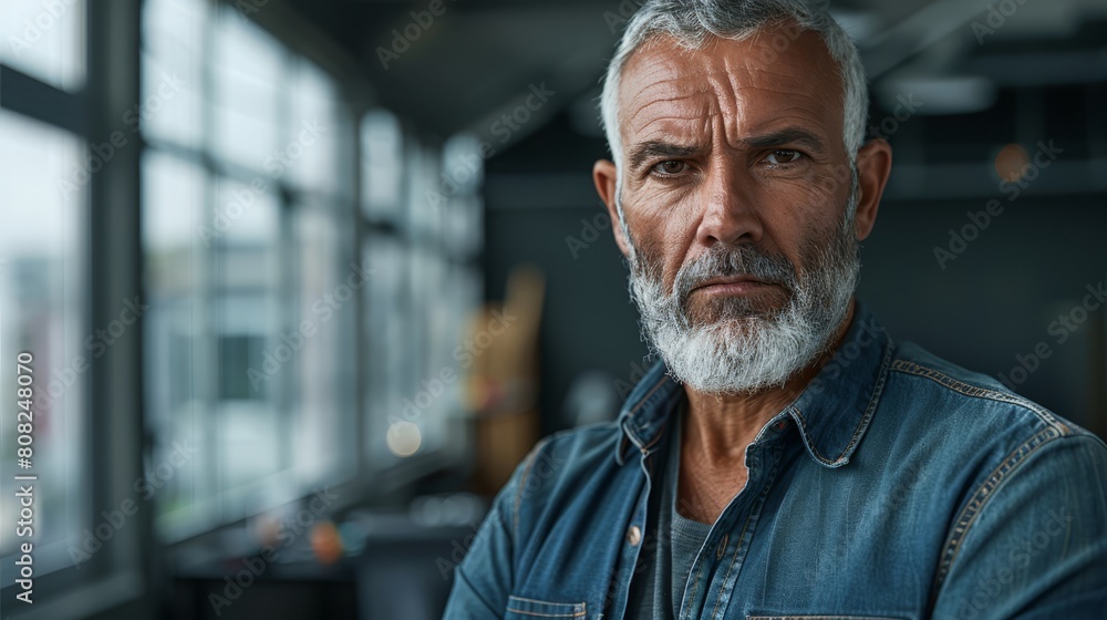 A tight shot of a man gazing intently at the camera, clad in a denim shirt A tight shot of a man gazing intently at the camera, clad in a denim shirt