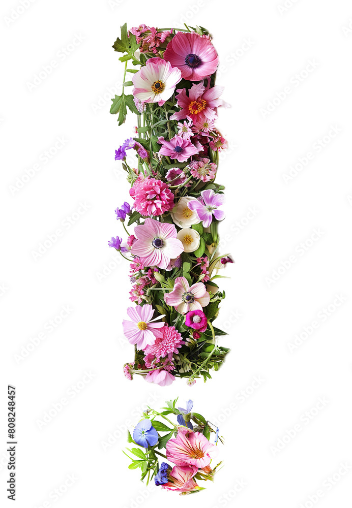 Flower font exclamation mark made of flowers isolated on white background. Spring or summer flower font.