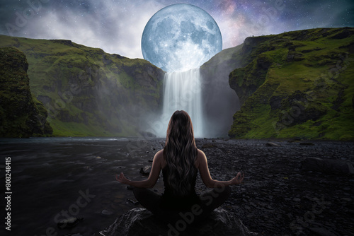 Woman in yoga and meditation pose in front of an immense waterfall with a full moon
