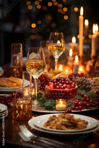 Festive table setting for Christmas dinner. Glasses of white wine on wooden table. Decorated with Christmas tree and candles.