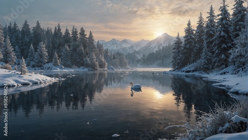 Craft an image of Swan Lake in winter, with the water partially frozen and snow covering the surrounding landscape. Capture the ultra-realistic details of the icy lake, the snow-capped -Ai Generative © Sbahat