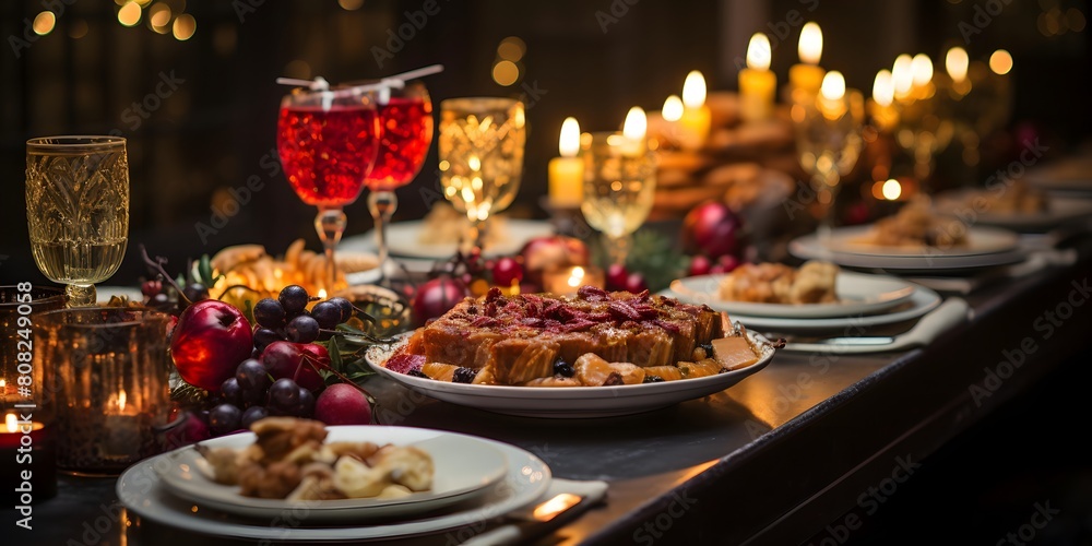 Festive table with food, wine and wine glasses. Selective focus.
