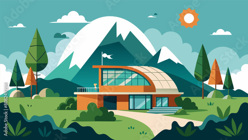 A modern ecolodge featuring sustainable architecture and surrounded by natural beauty promoting a peaceful and environmentallyconscious Stoic. Vector illustration photo