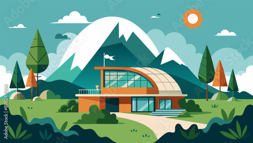 A modern ecolodge featuring sustainable architecture and surrounded by natural beauty promoting a peaceful and environmentallyconscious Stoic. Vector illustration