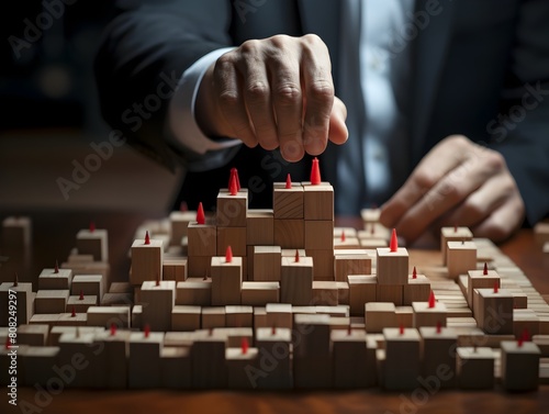 Businessman Assessing Risk Management Strategy Through Tactile Wooden Cube Assembly