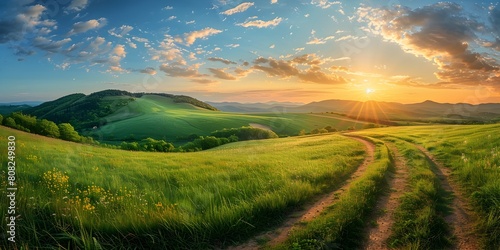 Captivating Winding Path Through Lush Green Hillside Landscape at Enchanting Sunrise or Sunset