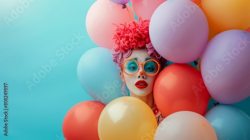 A creative and colorful close-up portrait of a clown woman with a colorful bouquet of balloons on a calm blue background, evoking joy and playfulness. It's party time and summer fun.
