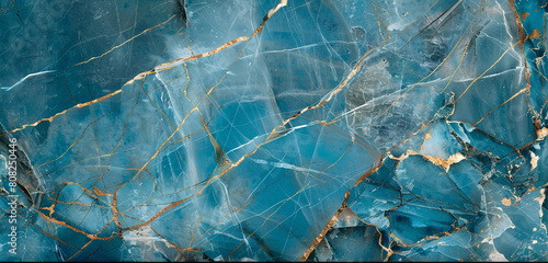 Vibrant cerulean silver marble design with golden lines reflecting high-end luxurious stone style