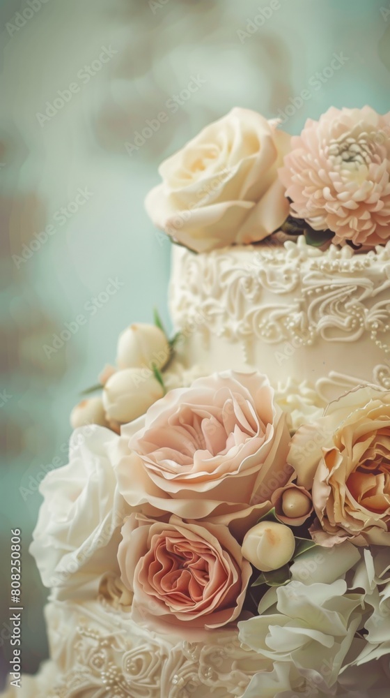 A wedding cake beautifully embellished with blooming flowers on top A wedding cake beautifully embellished with blooming flowers on top