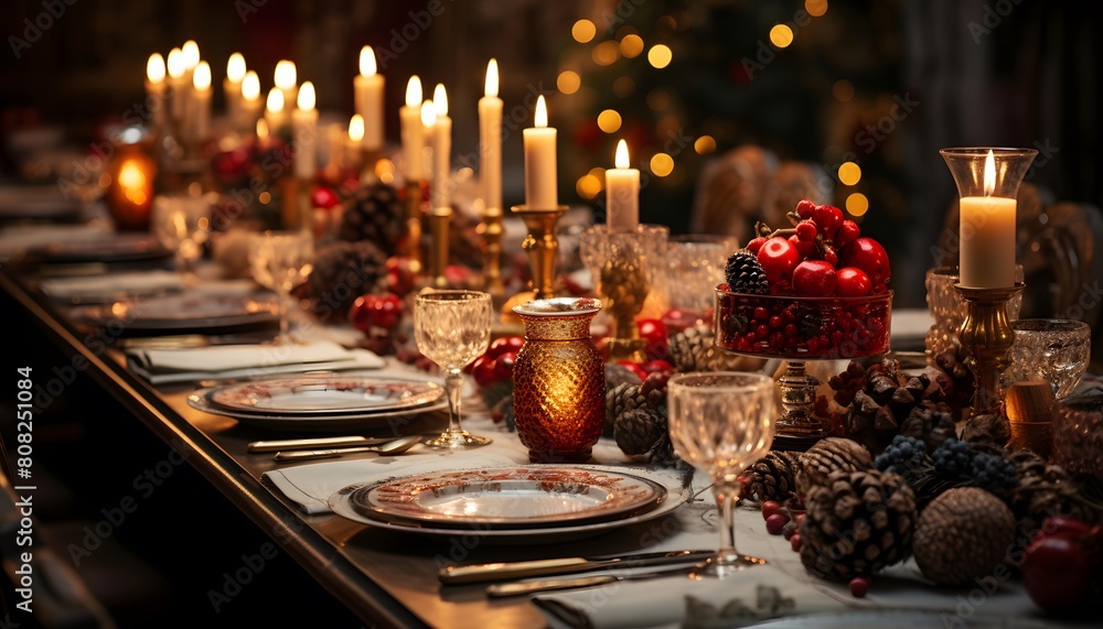Christmas table setting with candles and decorations. Selective focus. Holiday.