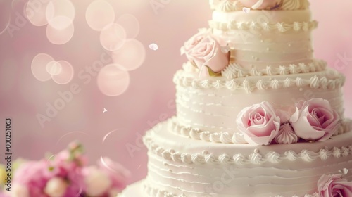 A beautifully decorated wedding cake with delicate pink flowers on a table