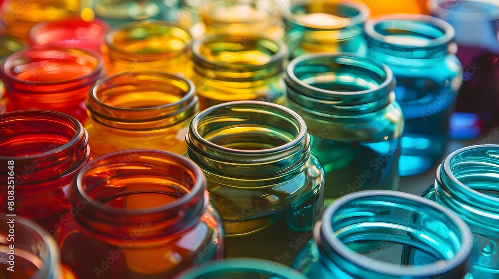 Many different colored glass jars with lids on a table Many different colored glass jars with lids on a table