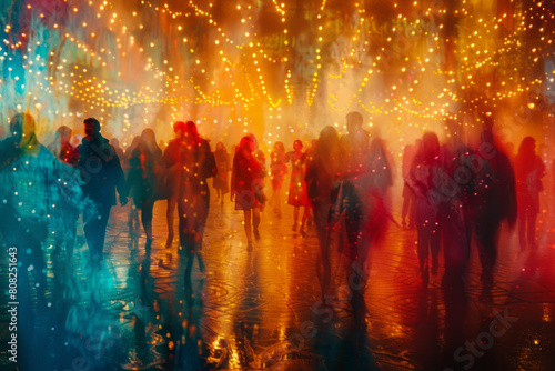 A vibrant tapestry of colors representing a bustling street festival, with abstract figures dancing under string lights, photo