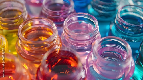 Many different colored liquids in the bottles
