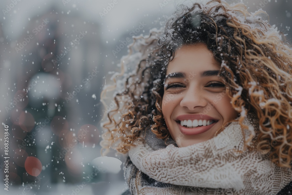 Portrait of a beautiful smiling curly haired girl in snowy winter weather Portrait of a beautiful smiling curly haired girl in snowy winter weather