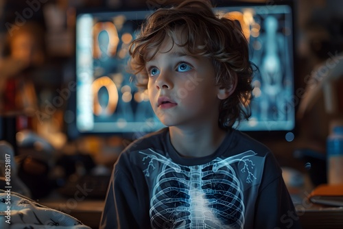 Curious Young Boy Examining Illuminated Skeleton X Ray Scan