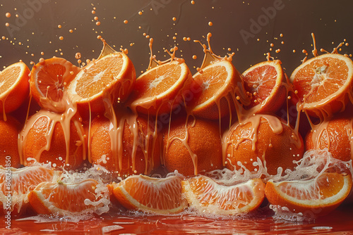 An energetic array of orange segments  with dripping paint to illustrate the citrus spray when the fruit is peeled or cut 