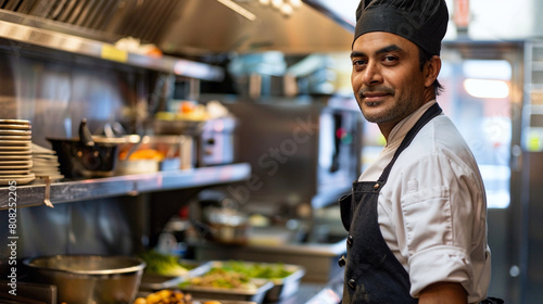 Portrait of a chef working in a restaurant kitchen.
