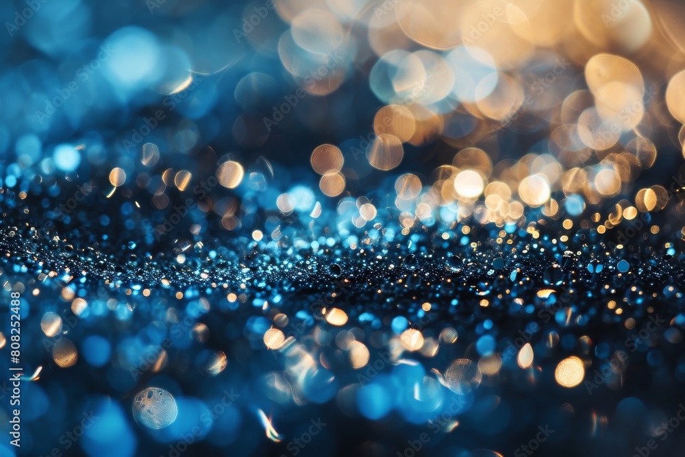 Fototapeta premium Sapphire glitter bokeh background. Unfocused shimmer royal blue sparkle. Crystal droplets glitter wallpaper, Ai generated