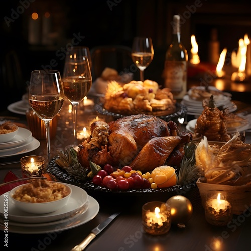 Christmas table with turkey  candles and glasses of wine in a restaurant