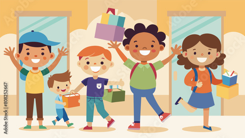 A sense of excitement and accomplishment as children leave the workshop with their own creations in hand ready to show off to their friends and. Vector illustration
