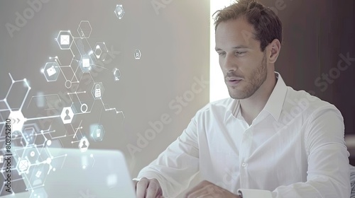 a business man using a laptop overlaid with social media icons and a hexagon on a vibrant blue background.