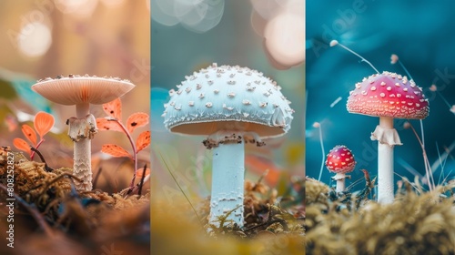 A triptych of images of various mushrooms. photo